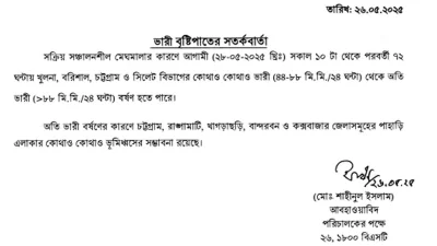 ভারী বৃষ্টিপাতের সতর্কবার্তা