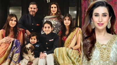 পারিবারিক ছবিতে বামে তৃতীয় স্ত্রী প্রিয়ার ঘরে মেয়ে-ছেলে এবং কারিশমার ছেলে-মেয়ে (ডানে)। ছবি: সংগৃহীত