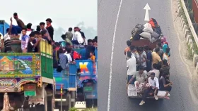 ট্রাক-পিকআপে ঝুঁকি নিয়ে বাড়ি ফিরছে মানুষ