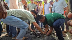 সড়কের কার্পেটিং নিজ হাতে তুলে ফেললেন হাসনাত