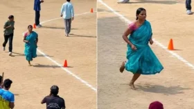 জুতো নেই, শাড়ি পরে দৌড়ালেন ১৬০০ মিটার!