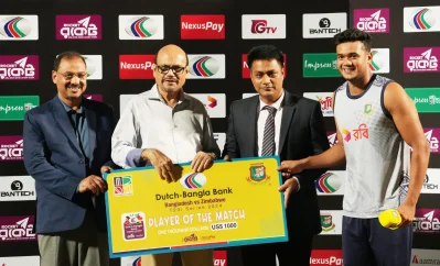 ১৪ রানে ৩ উইকেট।  ম্যাচসেরা তাসকিন আহমেদ